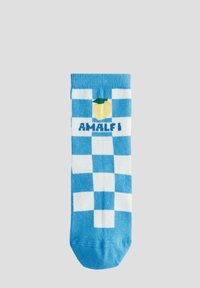 Blå och vit rutiga strumpor med en gul citrongrafik och texten "AMALFI" nära toppen. Tillverkade av mjukt och stretchigt material.
