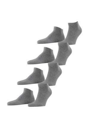Grau Ankle-Socken, die in einem versetzten Muster angeordnet sind, aus weichem Stoff mit glatter Textur und ohne sichtbare Muster oder Akzente.