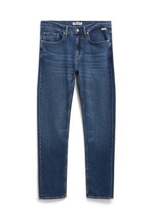 Blaue Jeans aus Denim mit geradem Schnitt, fünf Taschen, Knopfverschluss und dezentem Verblassen auf der Oberfläche.