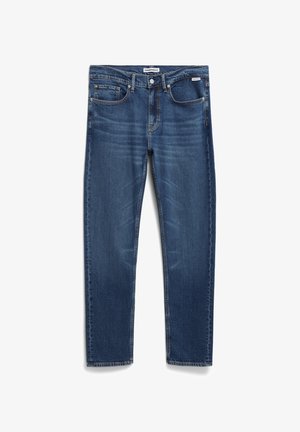 Blaue Jeans aus Denim mit geradem Schnitt, fünf Taschen, Knopfverschluss und dezentem Verblassen auf der Oberfläche.