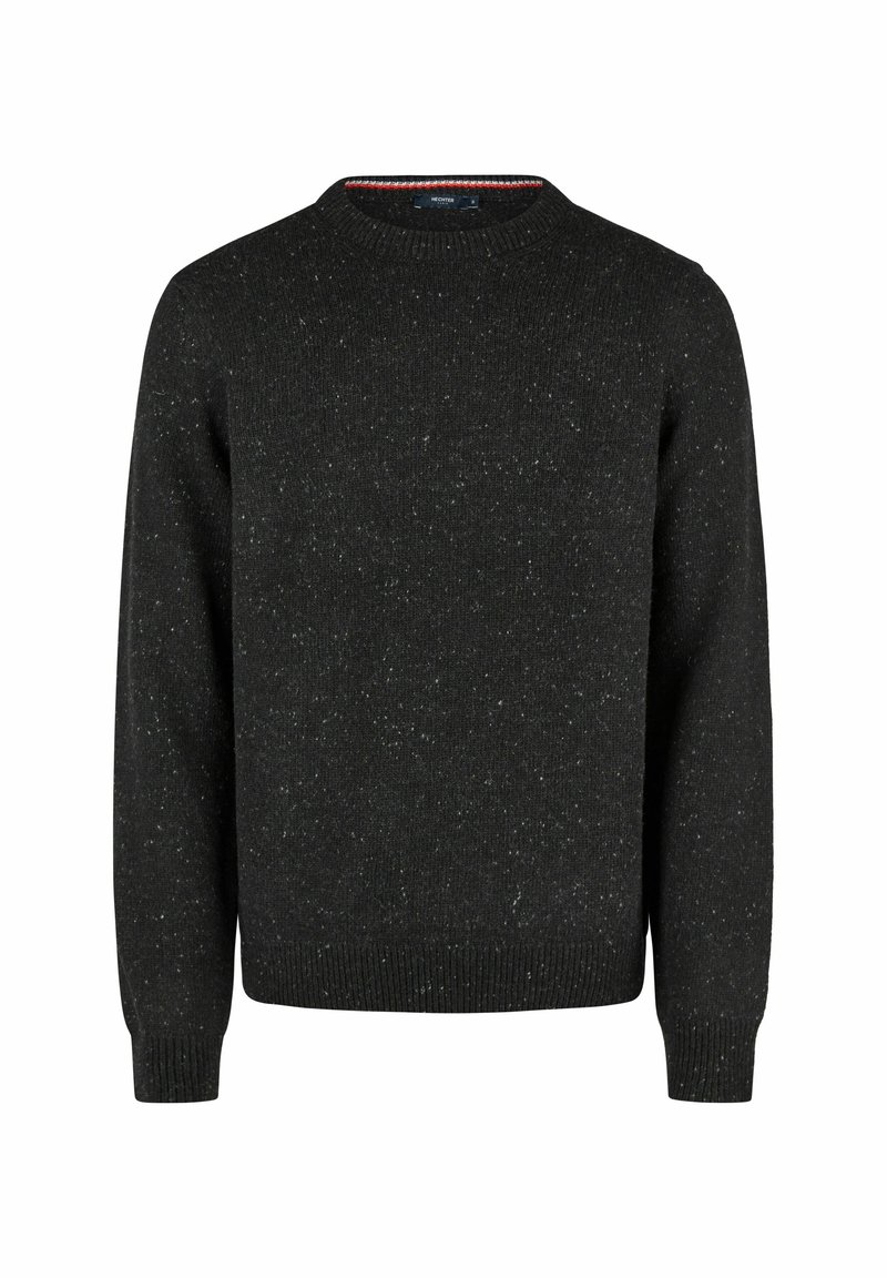 Pull en tricot noir avec col rond, poignets et ourlet côtelés, doté d'une texture mouchetée et de détails contrastés au niveau du col intérieur.