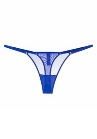 String bleu transparent avec des fines sangles, présentant un design en maille contrastant et de petites accents dorés aux jonctions des sangles.