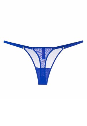 String bleu transparent avec des fines sangles, présentant un design en maille contrastant et de petites accents dorés aux jonctions des sangles.