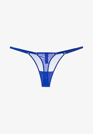 Blue sheer thong with thin straps, featuring a contrasting mesh design and small gold accents at the strap junctions.