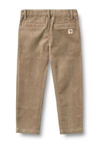 Brune kordbukser med lodrette ribber, to baglommer og et lille logomærke på højre lomme. Glat tekstur og skræddersyet pasform.