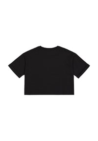 T-shirt cropped nera in cotone con maniche corte e colletto rotondo. Il tessuto ha una superficie liscia con polsini delle maniche arrotolati.