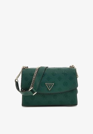 Borsa a mano Guess in pelle verde scuro con loghi in rilievo, piastra triangolare in metallo con logo e tracolla a catena.
