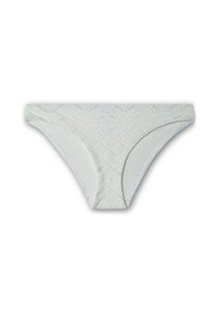 Bas de bikini blanc avec un motif texturé, présentant un design géométrique. Bords en tissu lisse avec une légère brillance. Coupe et ajustement classiques.
