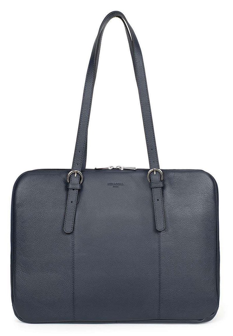 Borsa per laptop in pelle di un blu scuro, con due spallacci, chiusura con zip, texture liscia e un marchio discreto sul fronte.