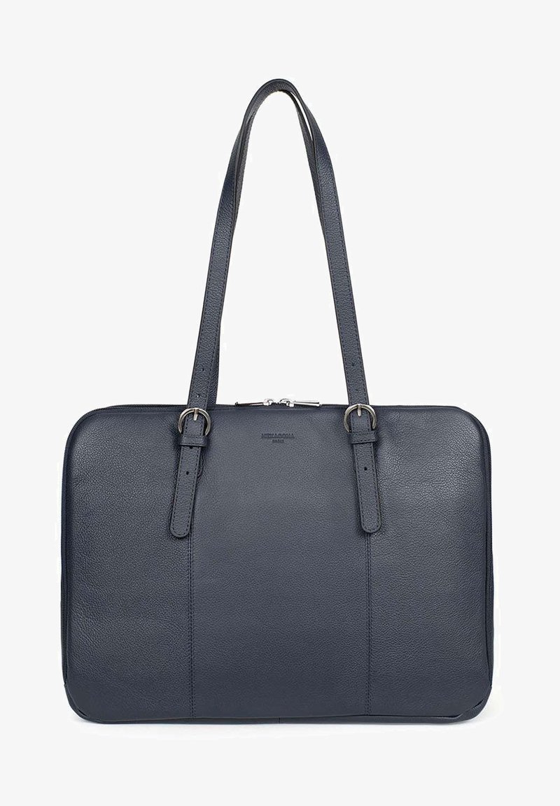 Borsa per laptop in pelle di un blu scuro, con due spallacci, chiusura con zip, texture liscia e un marchio discreto sul fronte.
