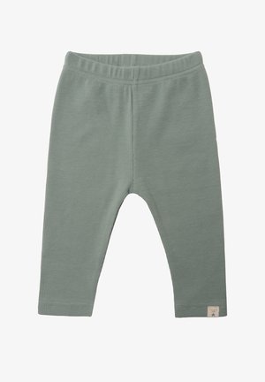 Cotton ribbed leggings in soft green with an elastic waistband. Features a small label at the ankle with a star design.