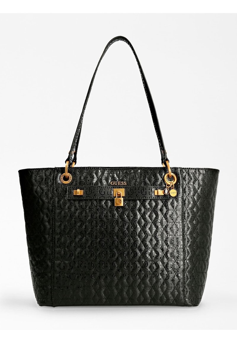 Sac fourre-tout noir avec motif gaufré, quincaillerie dorée et plaque de logo. Présente des poignées doubles et un design structuré.