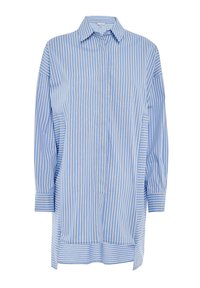 Camicia a righe blu e bianche con colletto, maniche lunghe e spacchi laterali. Tessuto liscio con una leggera lucentezza. Vestibilità classica.