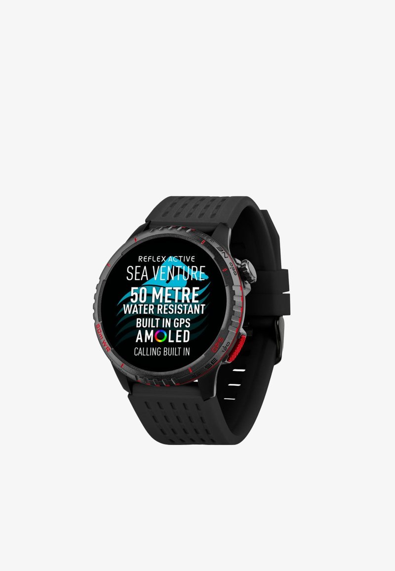 Black smartwatch with black silicone strap, showing "Sea Venture" branding and features: 50m water resistant, GPS, AMOLED, and calling built-in.