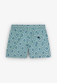 Shorts de bain à motifs bleus avec un design de vagues et de petits motifs de crâne, dotés d'une taille élastique et d'une poche arrière.