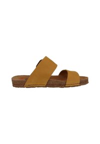 Gele leren sandalen met twee brede banden en een kurken zool, met een gladde textuur en gestikte details langs de rand.