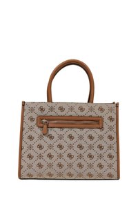 Beige handbag with brown accents, featuring a patterned surface, two handles, and a front zip pocket. Rectangular shape, textured material.