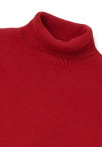 Roter Rollkragenpullover mit einer weichen, gestrickten Textur. Verfügt über einen gerippten Kragen und einen glatten Körper. Keine sichtbaren Muster oder metallischen Details.