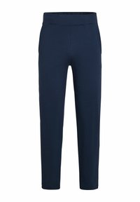 Marineblaue gerippte Hosen mit einem flexiblen Bund, Slim-Fit und schmal zulaufenden Beinen; verfügen über Seitentaschen und eine glatte Textur.