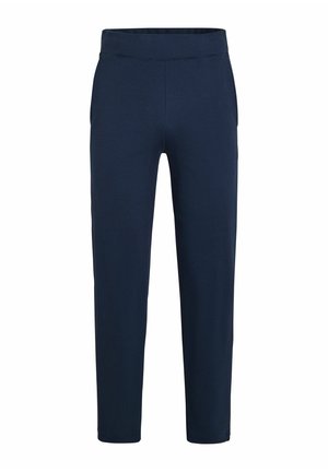 Pantalons côtelés bleu marine avec une taille flexible, coupe slim et jambes fuselées ; comprend des poches latérales et une texture lisse.