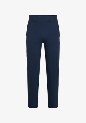 Navy blue ribbed trousers with a flexible waistband, slim fit, and tapered legs; features side pockets and a smooth texture.