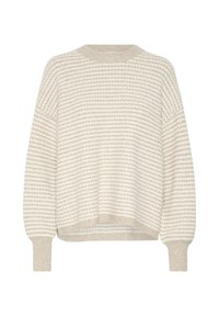 Beige and white striped knit sweater with long balloon sleeves and ribbed cuffs, hem, and crew neckline.