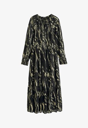 Robe noire à manches longues avec un ourlet en volants, présentant un motif abstrait doré, un tissu texturé et un col froncé.