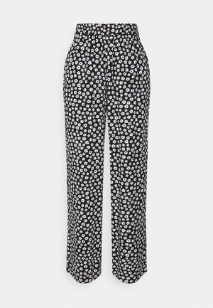Schwarze Palazzo-Hosen mit einem weißen Blumenmuster, hoher Taille, weitem Bein und weichem Stoff. Elegantes und leichtes Design.