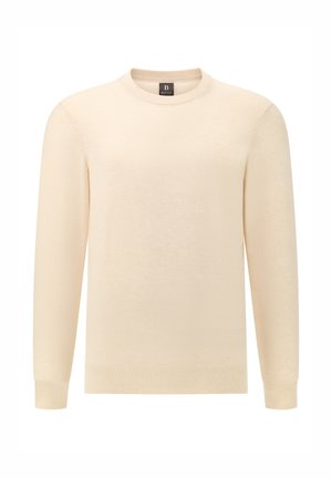 Licht crèmekleurige trui met ronde hals, lange mouwen, geribbelde manchetten en zoom, gemaakt van zachte materialen, met een gladde textuur en een minimalistisch ontwerp.