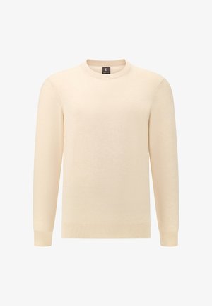 Licht crèmekleurige trui met ronde hals, lange mouwen, geribbelde manchetten en zoom, gemaakt van zachte materialen, met een gladde textuur en een minimalistisch ontwerp.