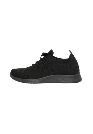 Black athletic shoe with a knit texture, featuring a rounded toe, lace-up closure, and a cushioned sole. Minimalist design with no visible logos.