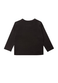 Schwarzes Langarm-T-Shirt aus weichem Baumwollstoff. Verfügt über einen runden Halsausschnitt und eine genähte Säume, ohne Muster oder Akzente.