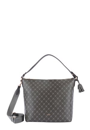 Borsa a spalla grigia con motivo, di texture liscia, dotata di tracolla rimovibile, zip dorata e dettaglio con nappina. Logo impresso sul davanti.