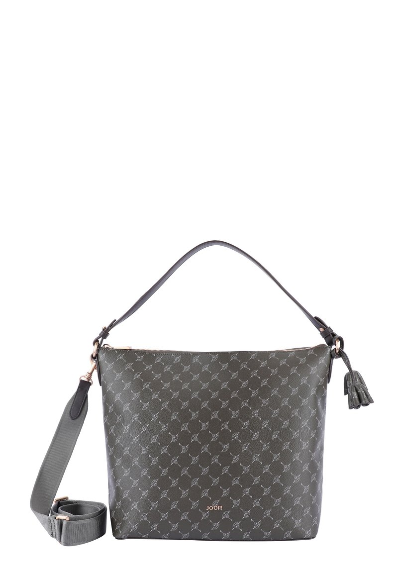 Borsa a spalla grigia con motivo, di texture liscia, dotata di tracolla rimovibile, zip dorata e dettaglio con nappina. Logo impresso sul davanti.