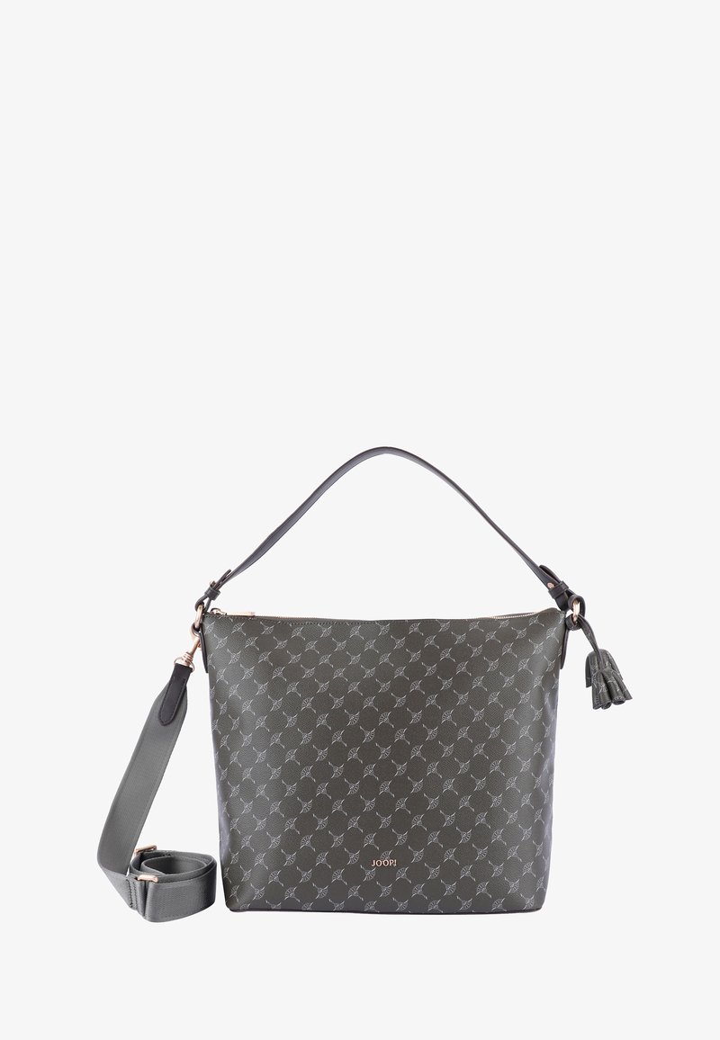 Graue, gemusterte Schultertasche mit glatter Textur, versehen mit einem abnehmbaren Tragegurt, goldener Reißverschluss und Quastenakzent. Logo prägung auf der Vorderseite.