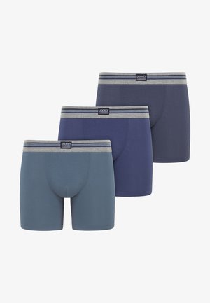 Bomuldsboxershorts i mørkeblå, marineblå og teal. Hver af dem har en gråstribet talje med logo, der tilbyder en blød og glat fornemmelse.