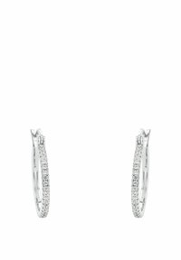 Orecchini a cerchio in argento con una fila di piccole cristallo trasparenti lungo il bordo anteriore, design elegante con finitura lucida.