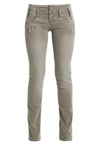 Lysegrå, slim-fit jeans med fem-lomme design, lille front lynlås lomme og metal knap detaljer. Glat tekstur og minimal søm.