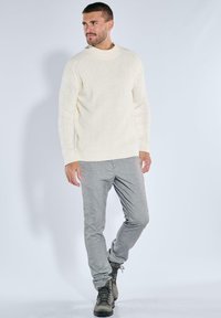 Helles beiges Rippstrickpullover mit Stehkragen, kombiniert mit grauen, schmal geschnittenen Hosen und dunklen Stiefeln. Glatte Textur, lässige Passform.