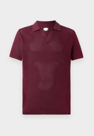 Burgundy short-sleeved polo shirt with a textured open weave, features a V-neck and a structured collar, made from lightweight knit material.