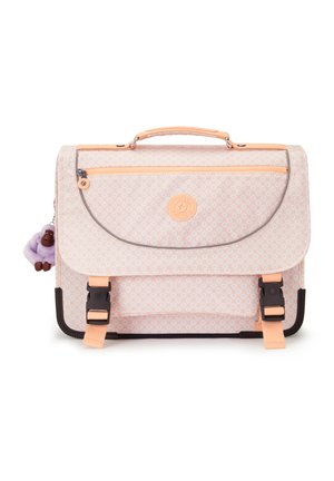 Borsa a tracolla a motivo pesca con chiusura a patta, spallacci regolabili, manico superiore e un charm a forma di scimmia viola attaccato. Accenti neri.