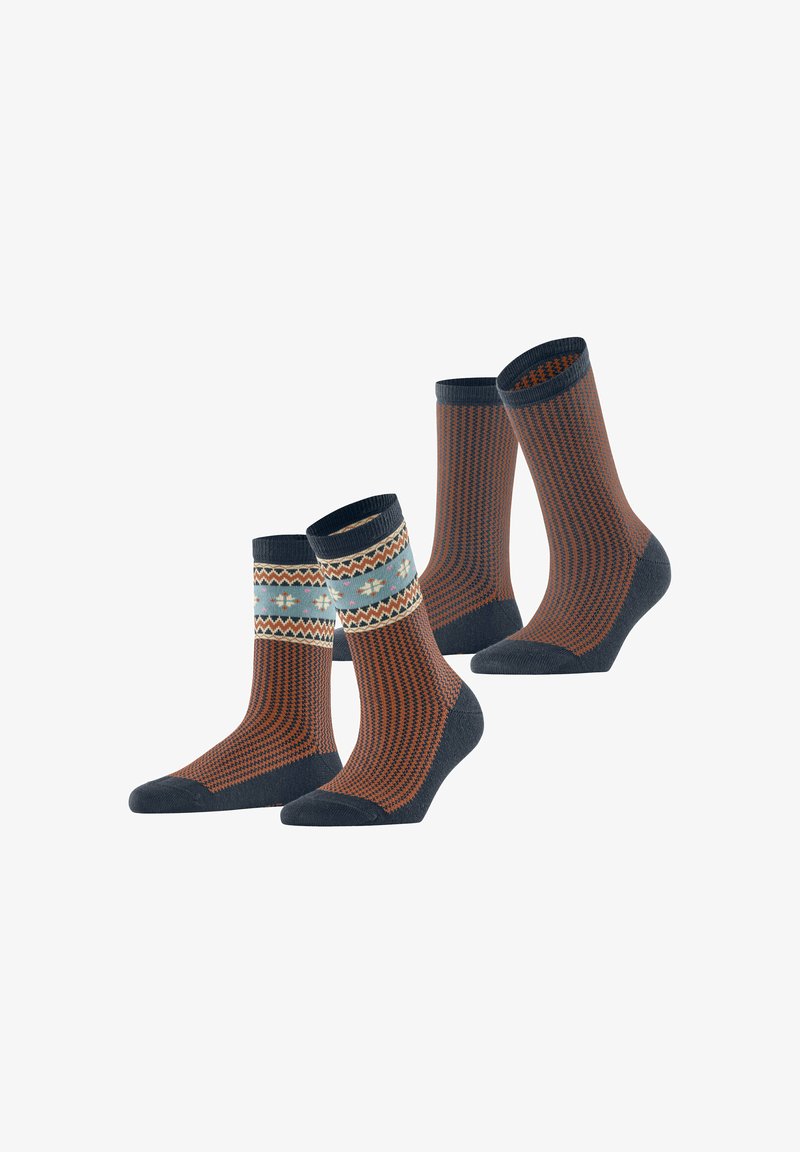 Stricksocken in Orange und Marineblau mit gestreiften und gemusterten Designs; mit gerippten Bündchen und verstärkten Zehen für Langlebigkeit.