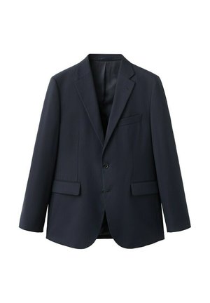 Męska ciemnogranatowa marynarka na jeden guzik z klapami z wycięciem, dwoma przednimi kieszeniami z patką, kieszenią na piersi i zapięciem na dwa guziki.