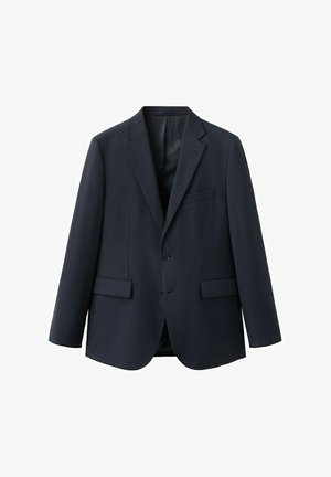 Blazer da uomo blu navy scuro a doppiopetto con rever a lancia, due tasche frontali con patta, taschino sul petto e chiusura con due bottoni.
