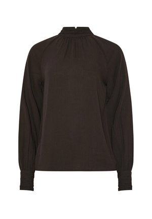 Blusa nera a maniche lunghe con collo alto, caratterizzata da dettagli arricciati sulle spalle e chiusura con bottoni sul retro, realizzata in tessuto testurizzato.