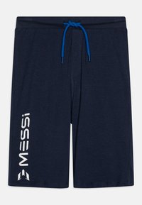 Shorts de sport bleu marine avec taille à cordon de serrage, arborant un logo "MESSI" blanc sur le côté gauche et fabriqués dans un tissu doux et texturé.
