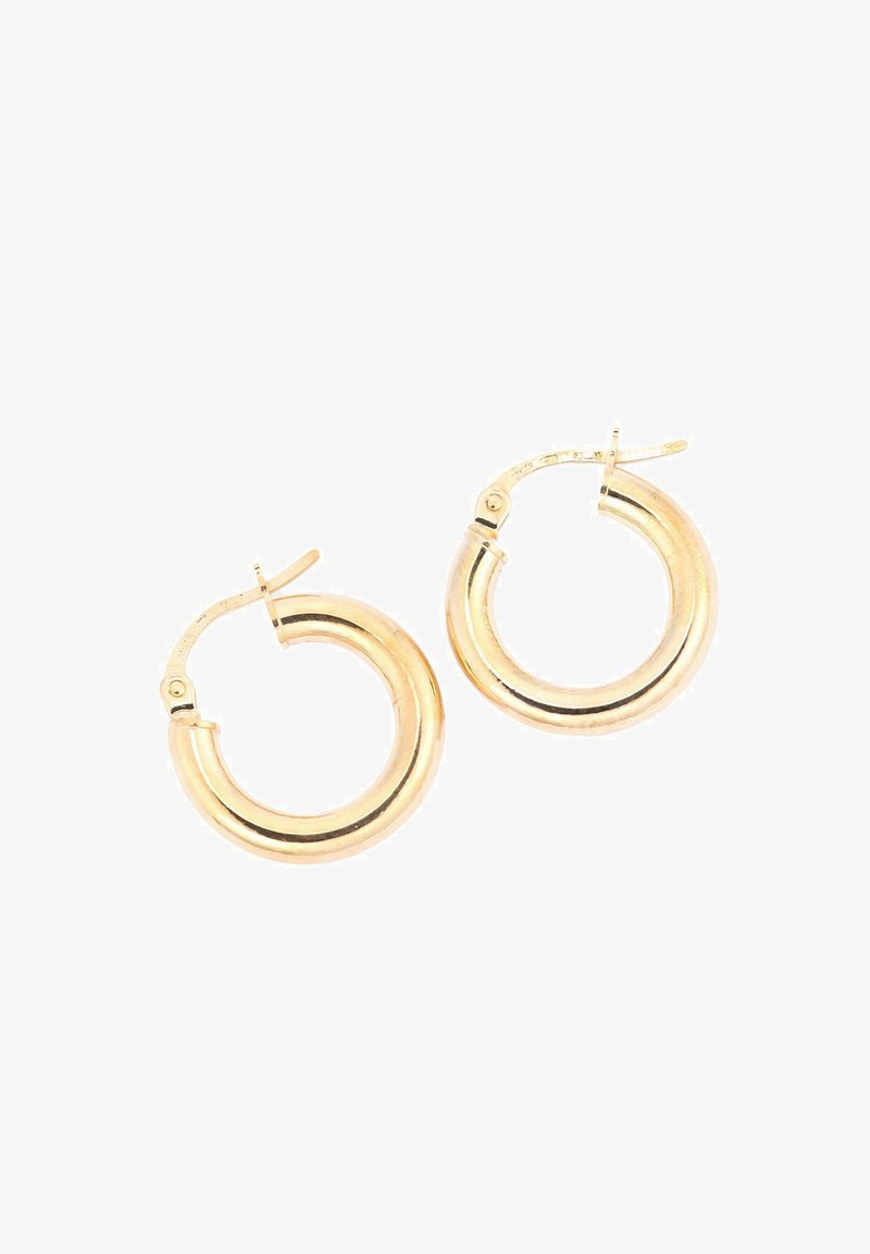 Zelta tonis cirku formas auskari ar gludu, noapaļu formu un pulētu apdari. Iekļauj drošu eņģes aizdari un minimālu dizainu.