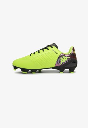 Chaussure de football jaune vif avec lacets noirs et crampons, avec des détails violets et noirs au talon et un logo stylisé sur le côté.