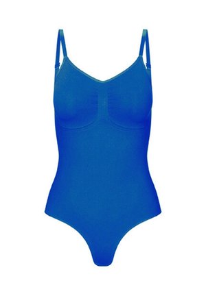 Blauw naadloos eendelig pak met verstelbare schouderbanden en lichte vormgeving bij de borst en taille.