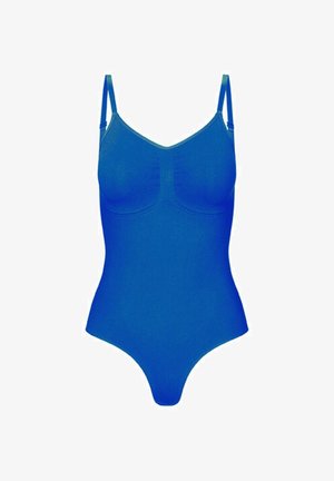 Blauw naadloos eendelig pak met verstelbare schouderbanden en lichte vormgeving bij de borst en taille.